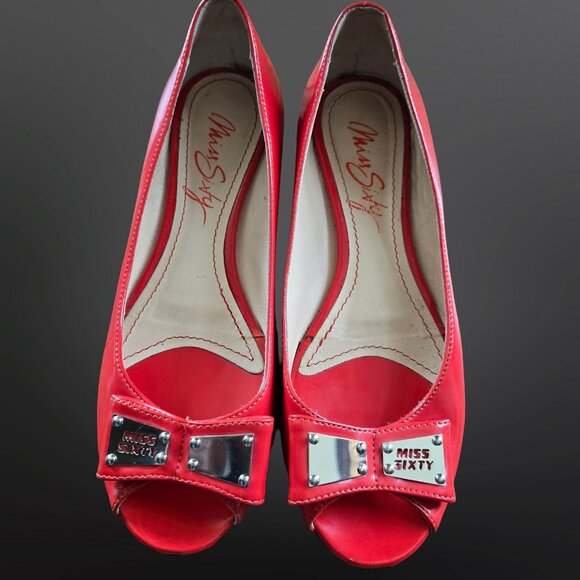 Y2K Miss Sixty Red Patent Leather Ballet flats EUR size 36 Peep toe Bows US 5.5 - Picture 2 of 12